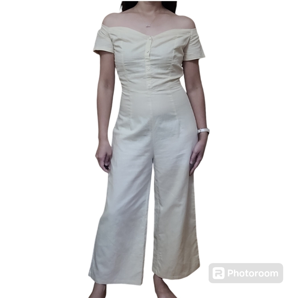 Etophe Linen Cotton Blend Cream Off-Shoulder WideLeg Jumpsuit Size S Petite Chic